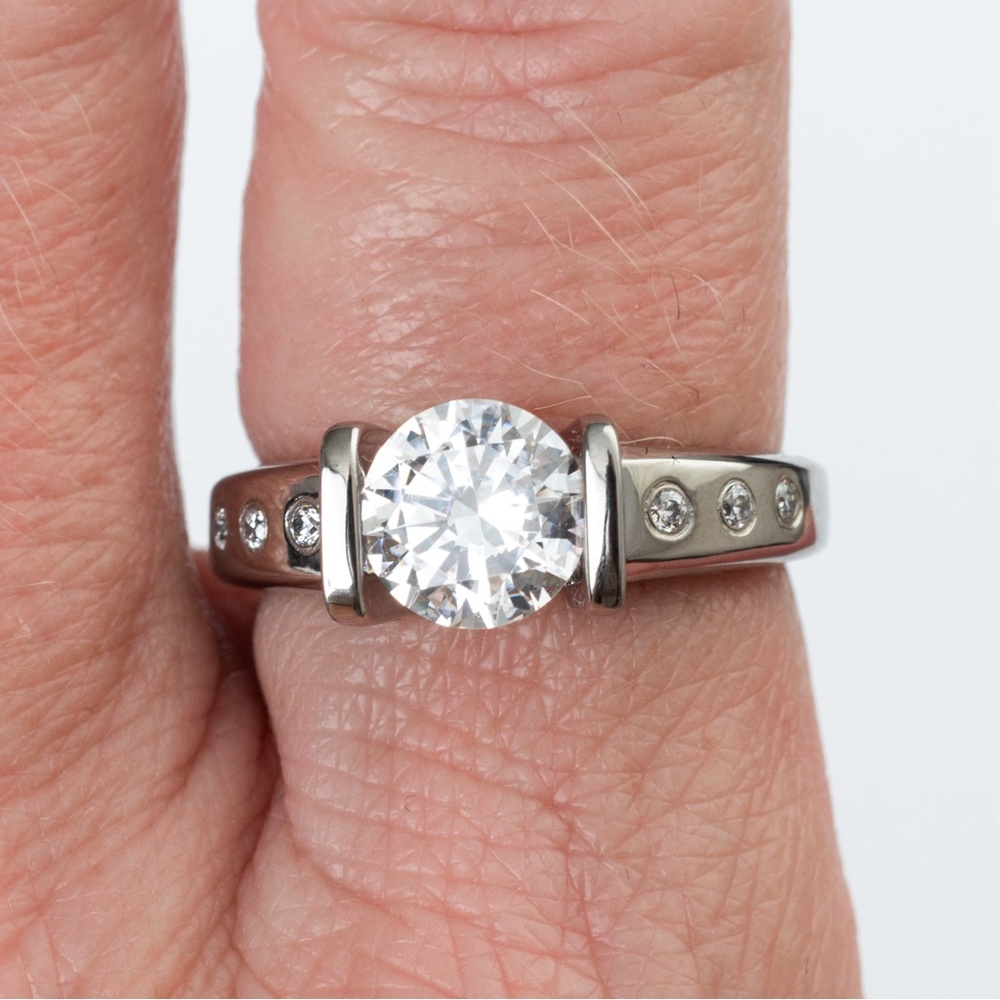 Simulated diamond engagement ring stainless steel band Gems En Vogue  8